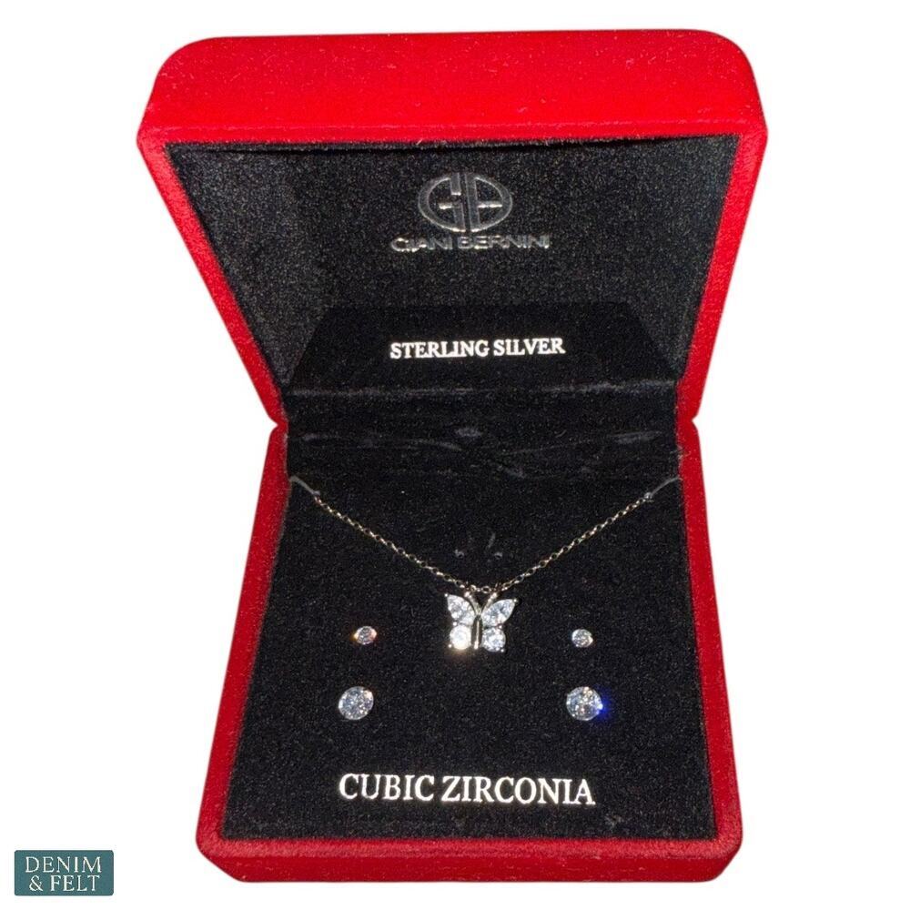Giani Bernini Butterfly Necklace &‎ 2 Pair Cubic Zirconia Stud Earrings Sterling - Picture 2 of 5
